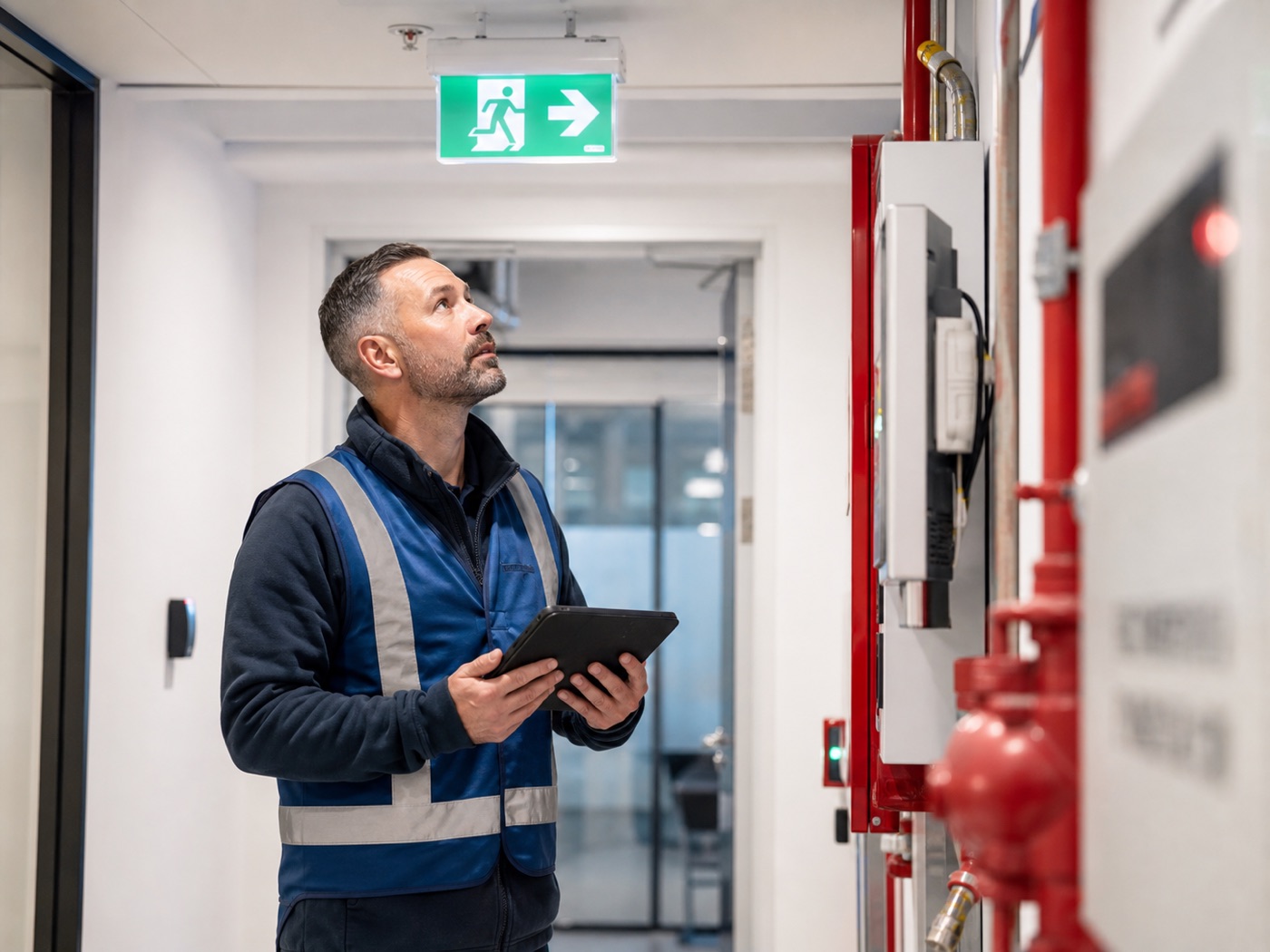 Compliance technician inspecting emergency systems inside a commercial building